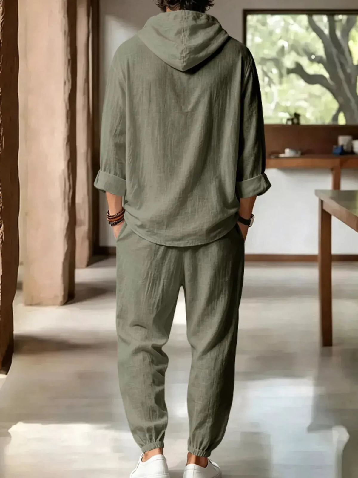 Men's Full Size Casual Button Detail Hooded Top and Pants Set Plus Size by Partner Label
