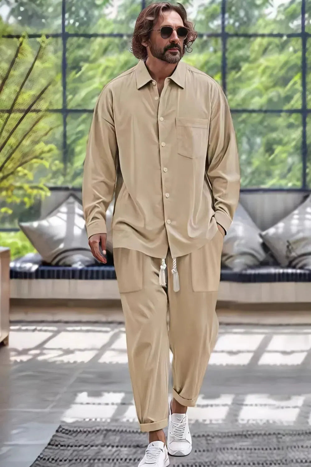 Men's Collared Neck Long Sleeve Top and Pants Set Plus Size by Trendsi