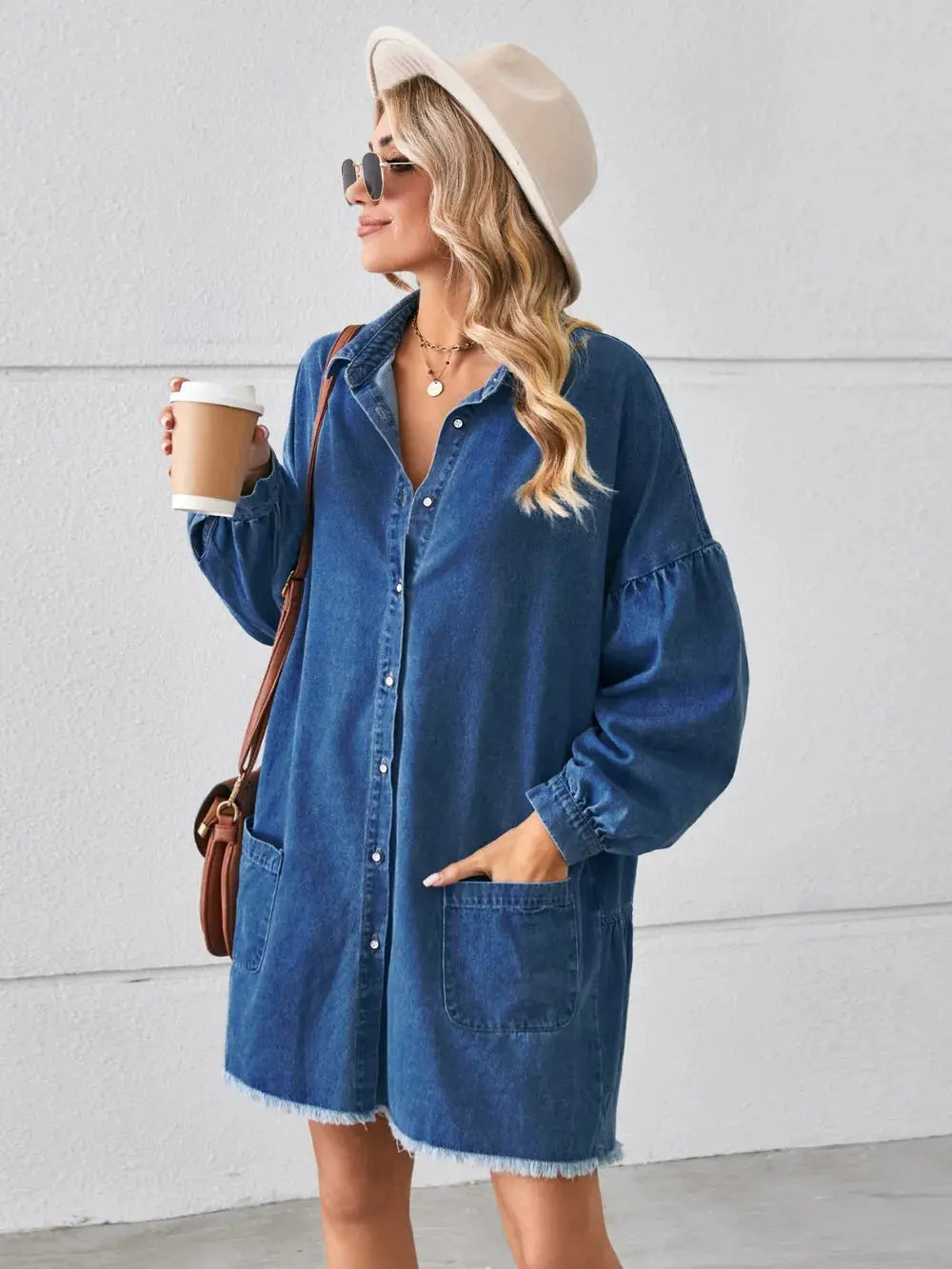 Button Up Pocketed Raw Hem Denim Dress by Partner Label