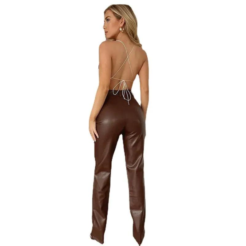 Stretch Leather Pants Women Casual PU Leather Pants Trousers Female Multicolor by Null
