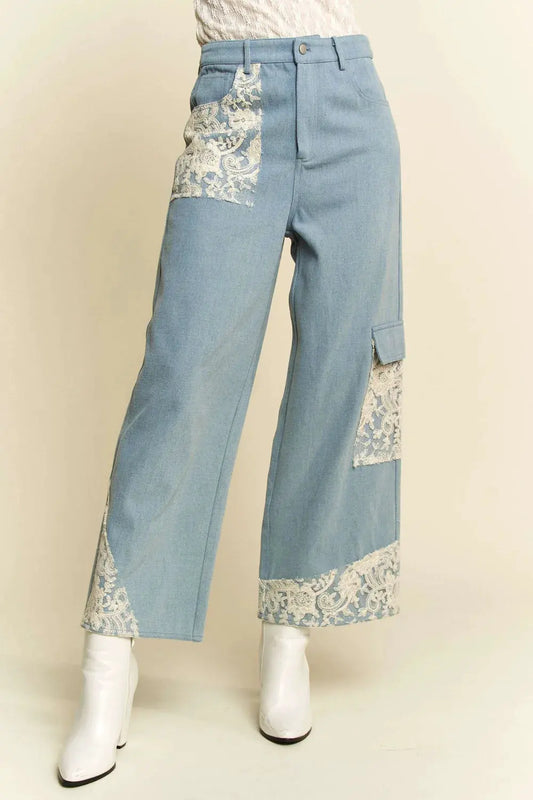 Davi & Dani Lace Applique Wide Leg Jeans by Davi & Dani