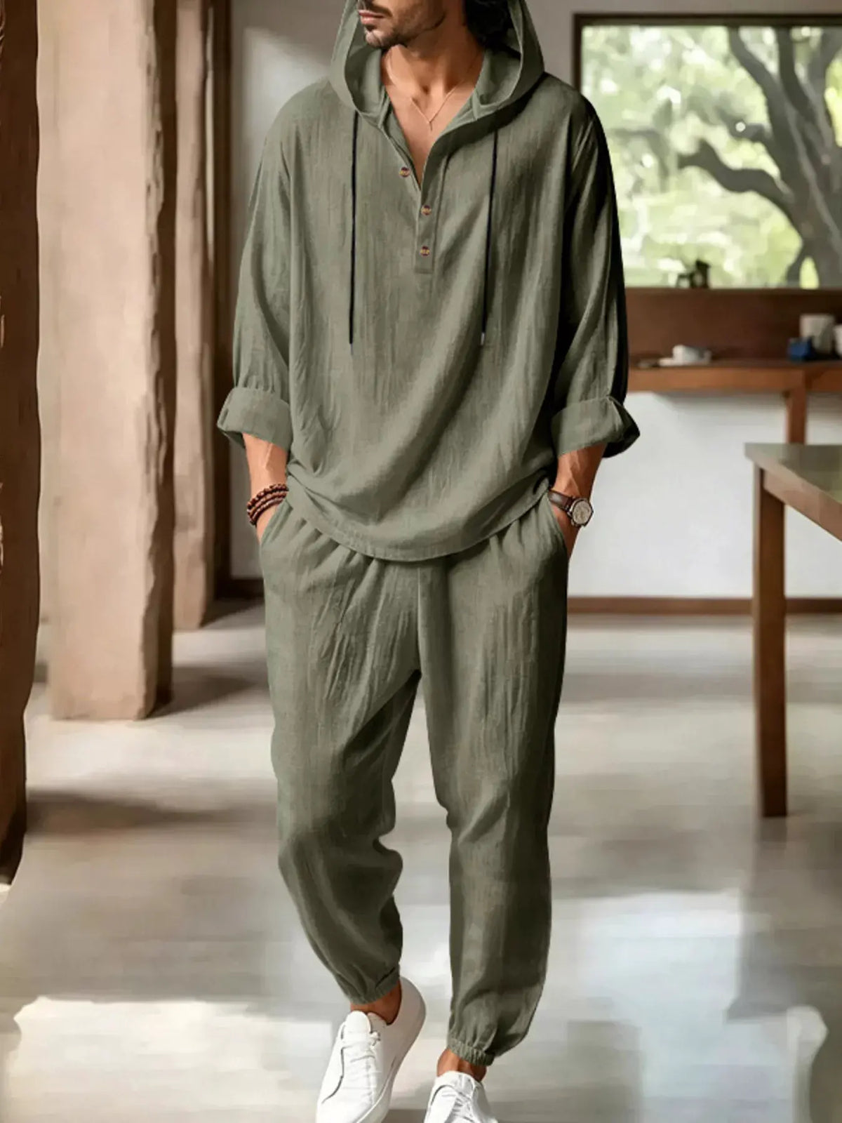 Men's Full Size Casual Button Detail Hooded Top and Pants Set Plus Size by Partner Label