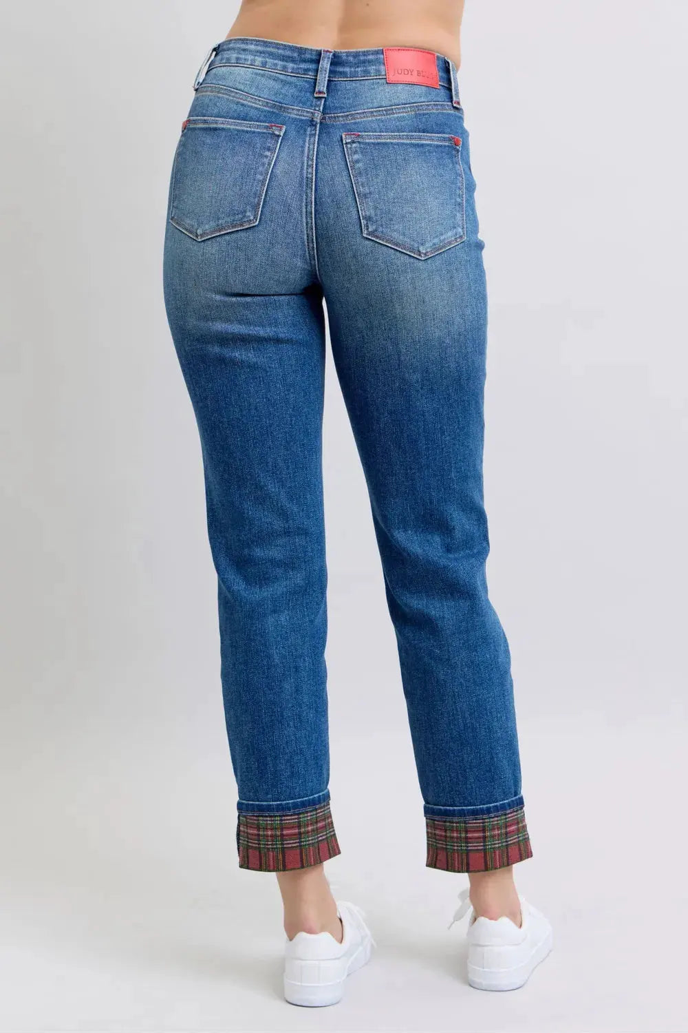Judy Blue Full Size Plaid Print Cuff Straight Leg Jeans with Pockets by Judy Blue