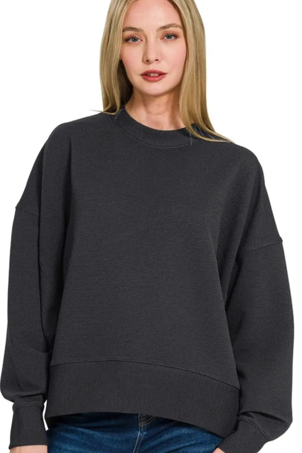 Zenana Ribbed Balloon Sleeve Sweatshirt by Zenana