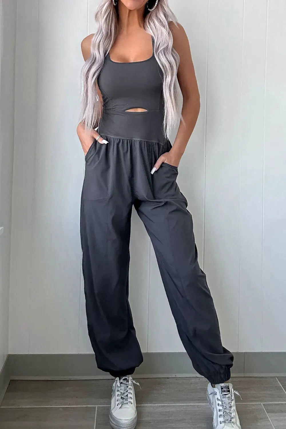 Cutout Square Neck Wide Strap Active Jumpsuit by Partner Label
