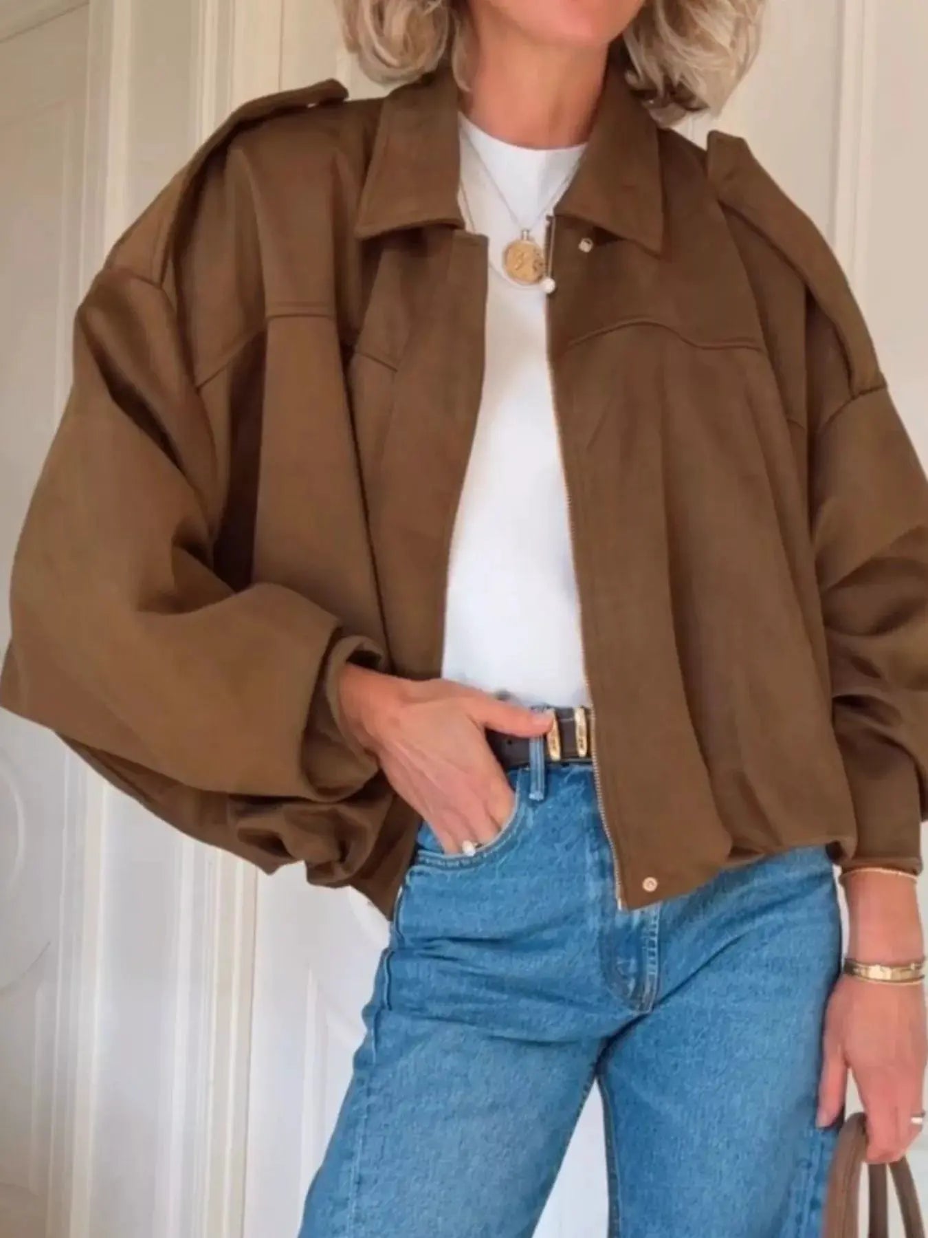 Zip Up Dropped Shoulder Suede Jacket by Partner Label