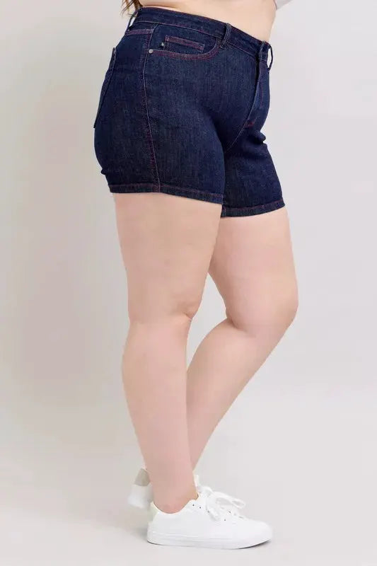 Judy Blue Plus Size HW Heart Shaped Pkts & Red Contrast Thread Denim Shorts by Judy Blue