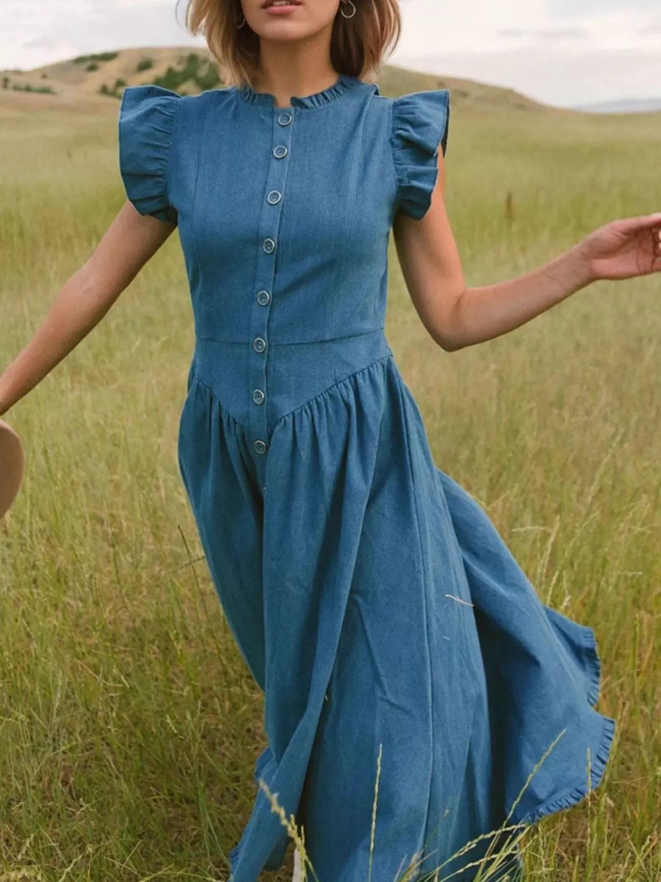 Ruffled Cap Sleeve Denim Dress by Partner Label