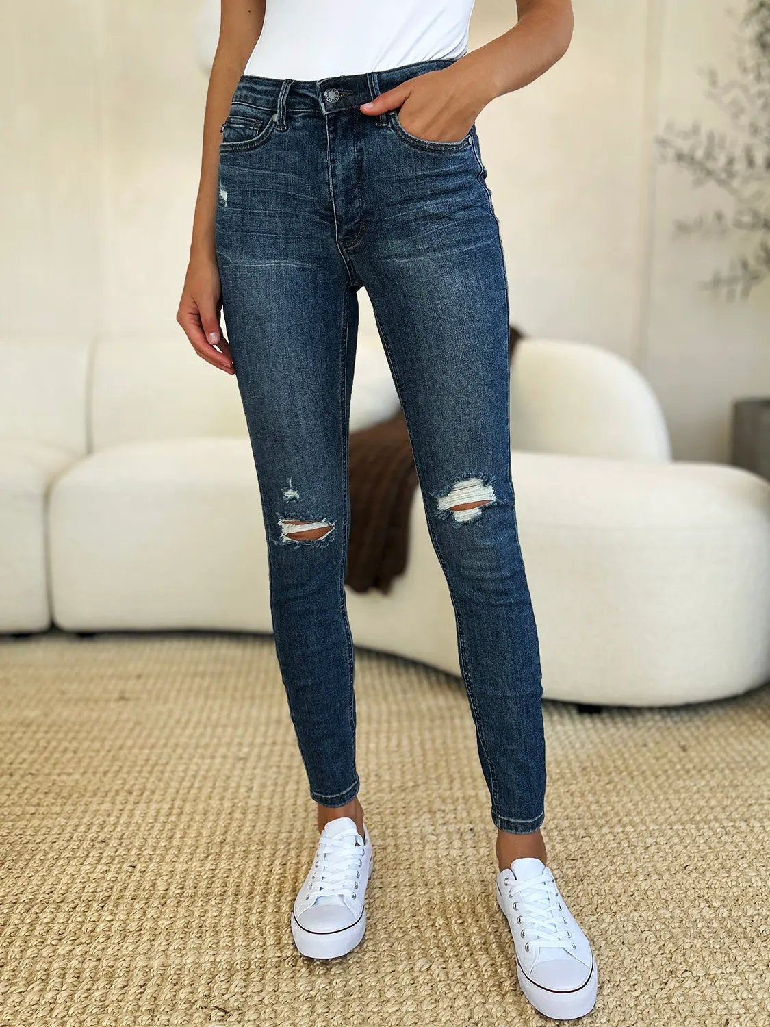 Judy Blue Full Size Mid Waist Distressed Slim Jeans by Judy Blue