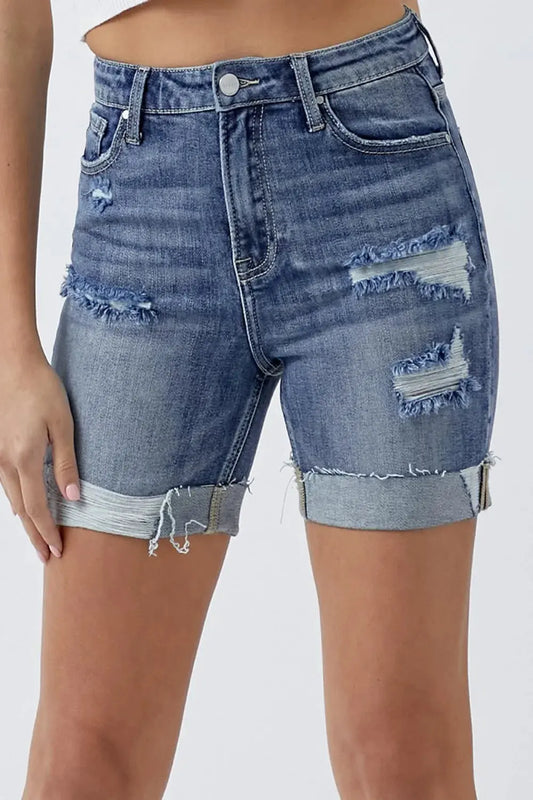 RISEN Full Size Distressed Rolled Denim Shorts with Pockets by RISEN