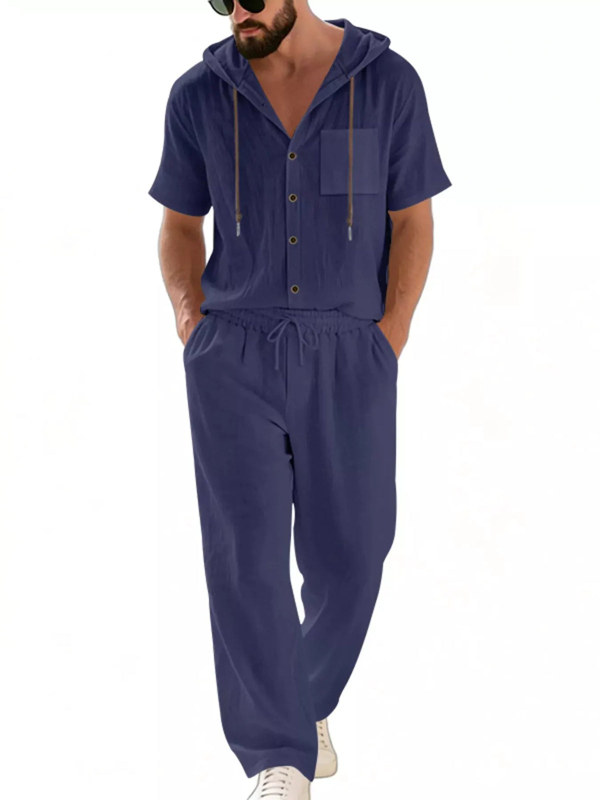 Men's Full Size Casual Hooded Short Sleeve Shirt and Pants Two-Piece Set Plus Size by Trendsi