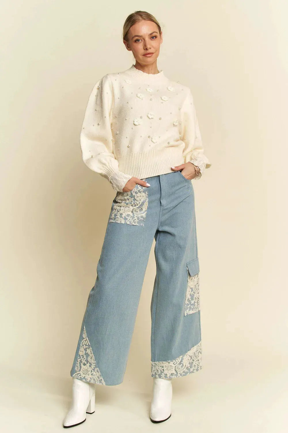 Davi & Dani Lace Applique Wide Leg Jeans by Davi & Dani
