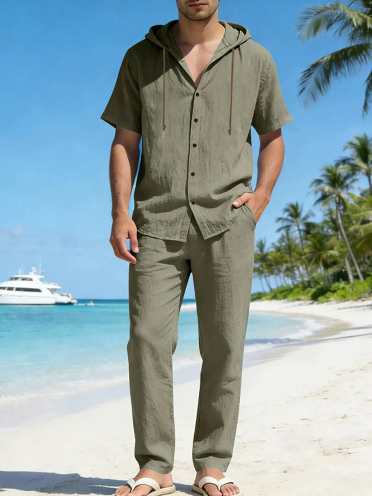 Men's Full Size Button Up Hooded Top and Pants Set Plus Size by Trendsi