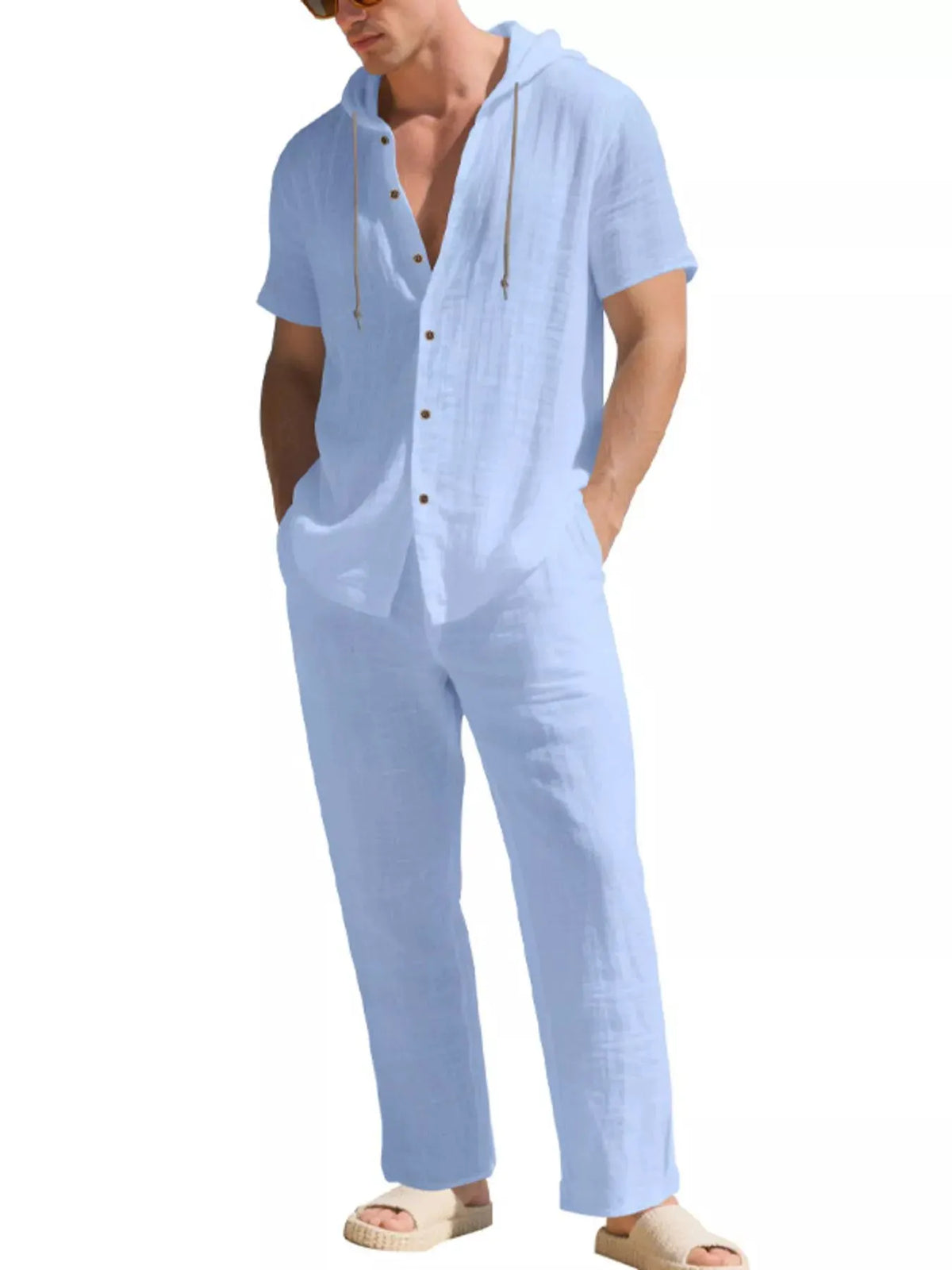 Men's Full Size Button Up Hooded Top and Pants Set Plus Size by Trendsi
