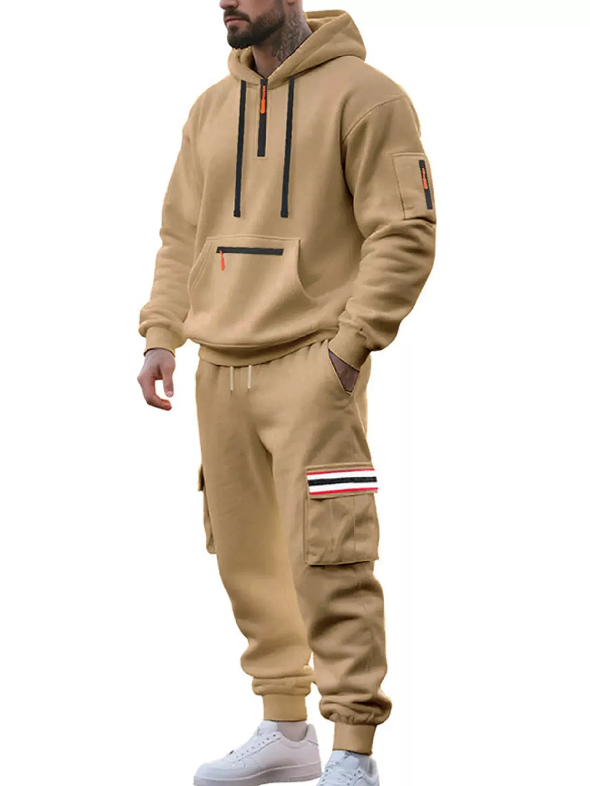 Men's Full Size Casual Half-Zip Hoodie and Cargo Pants Set Plus Size by Trendsi