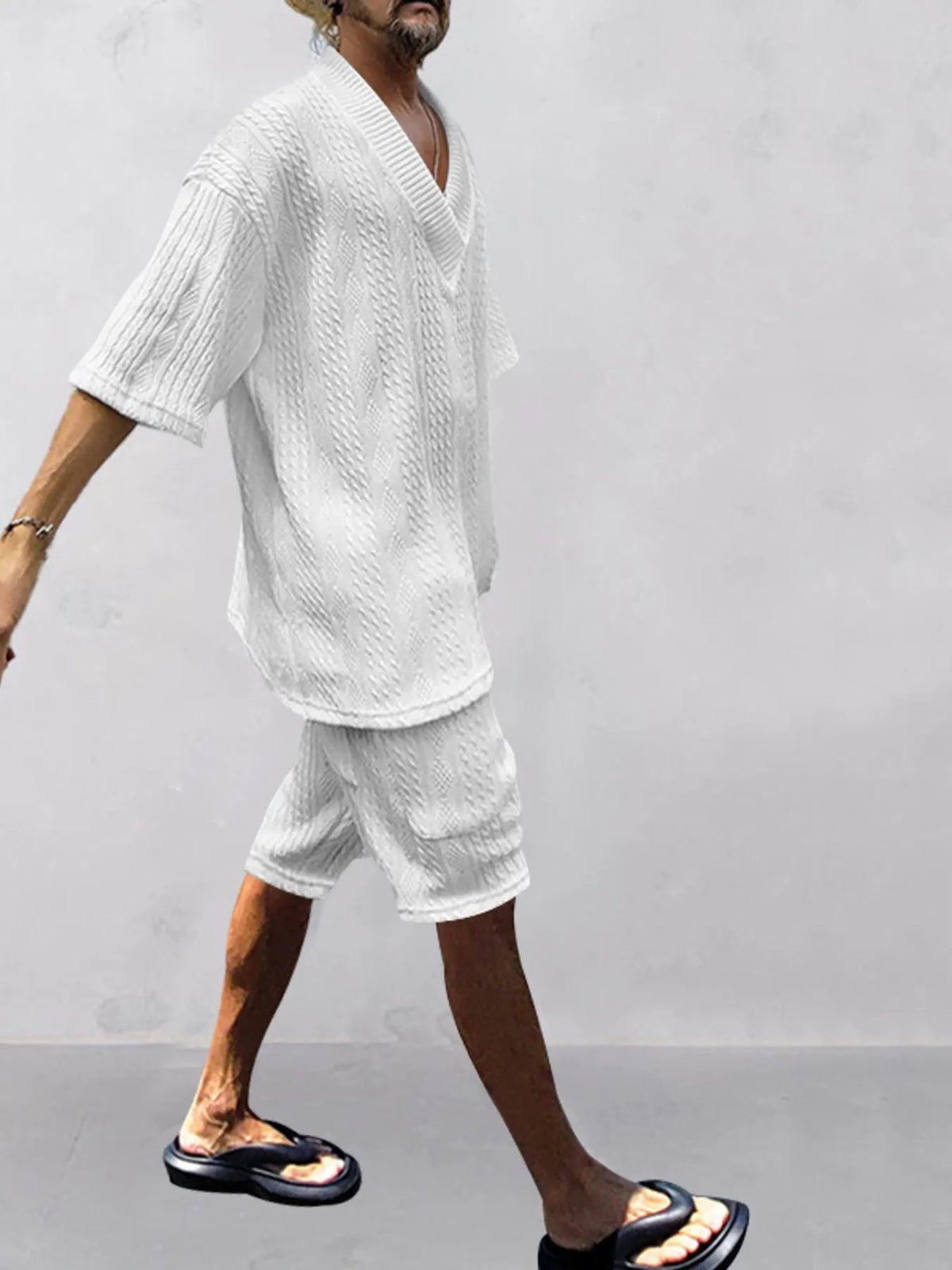 Men's Full Size Casual Knit V-Neck Short Sleeve Top and Shorts Set Plus Size by Trendsi