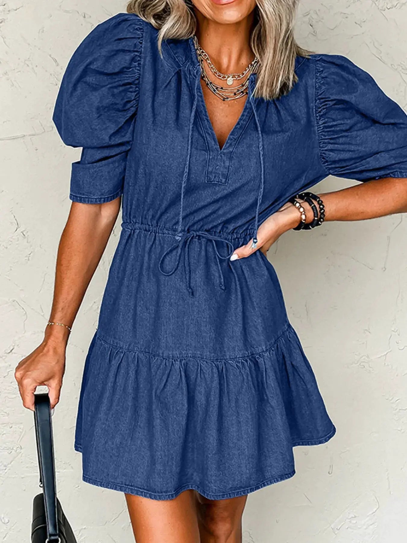 Drawstring High Waist Puff Sleeve Denim Mini Dress by Partner Label