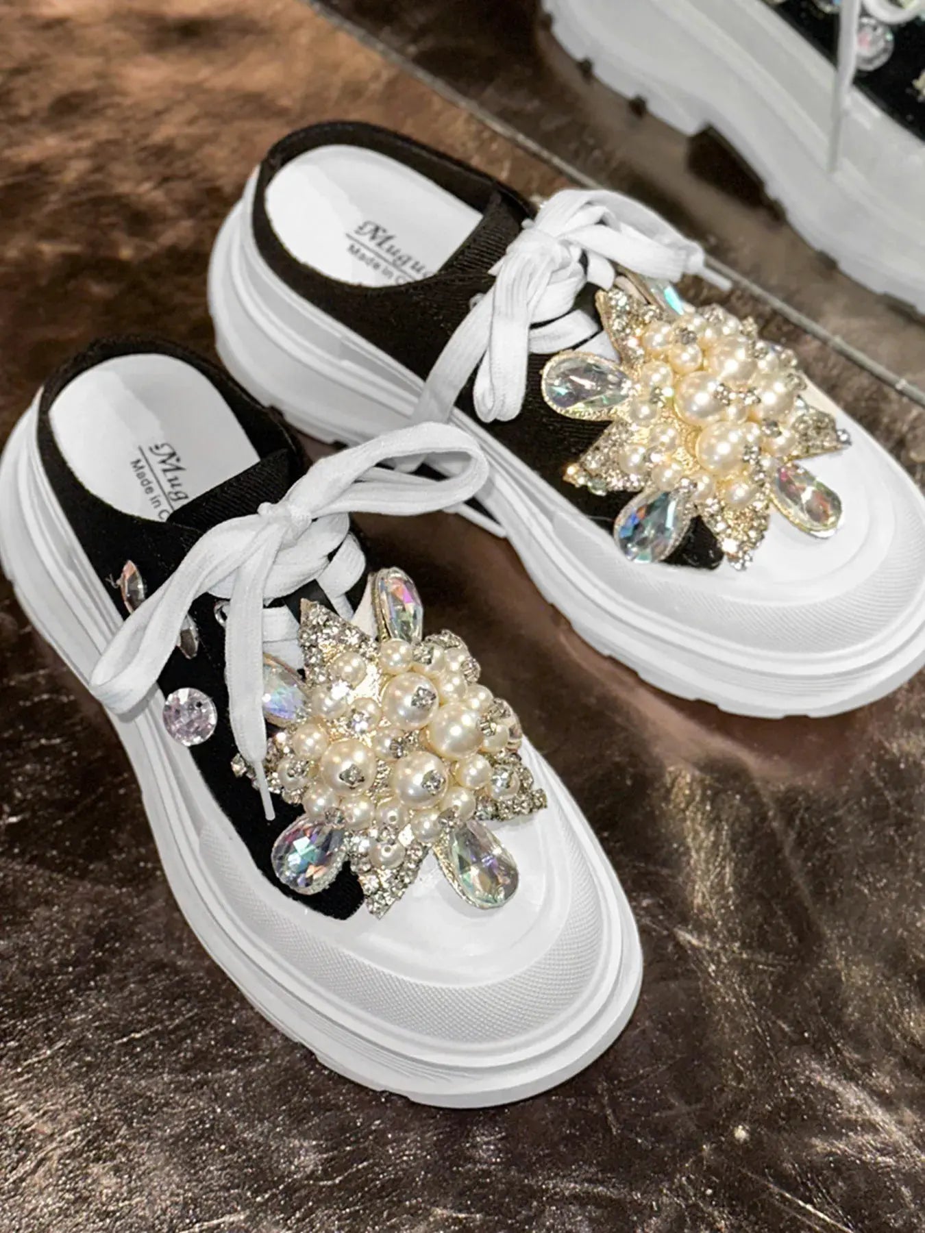 Pearl Embellished Platform Slip-Ons by Partner Label