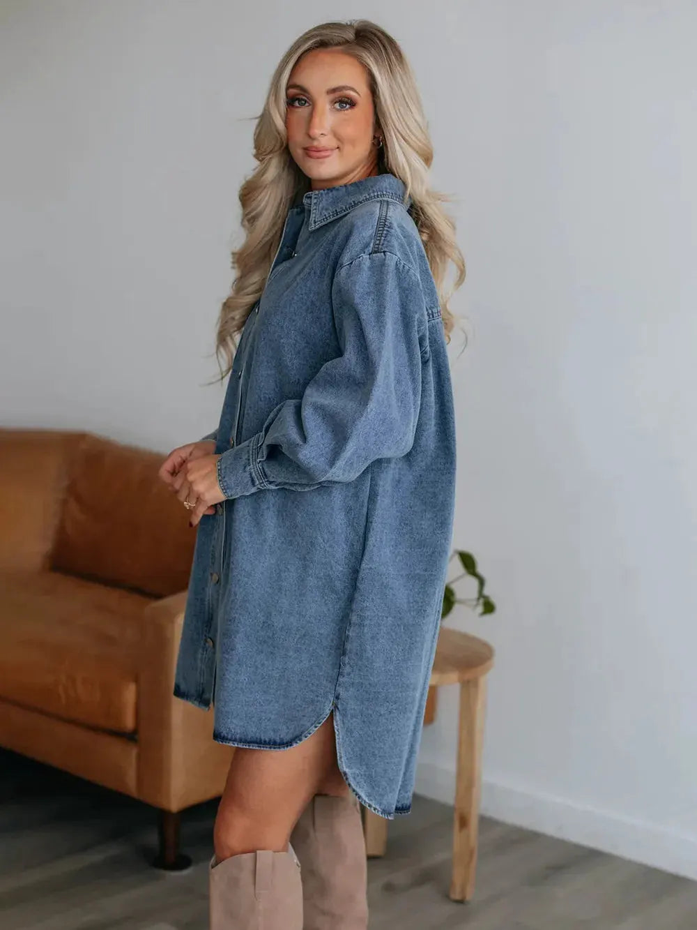 Button Up Collared Neck Long Sleeve Denim Dress by Partner Label