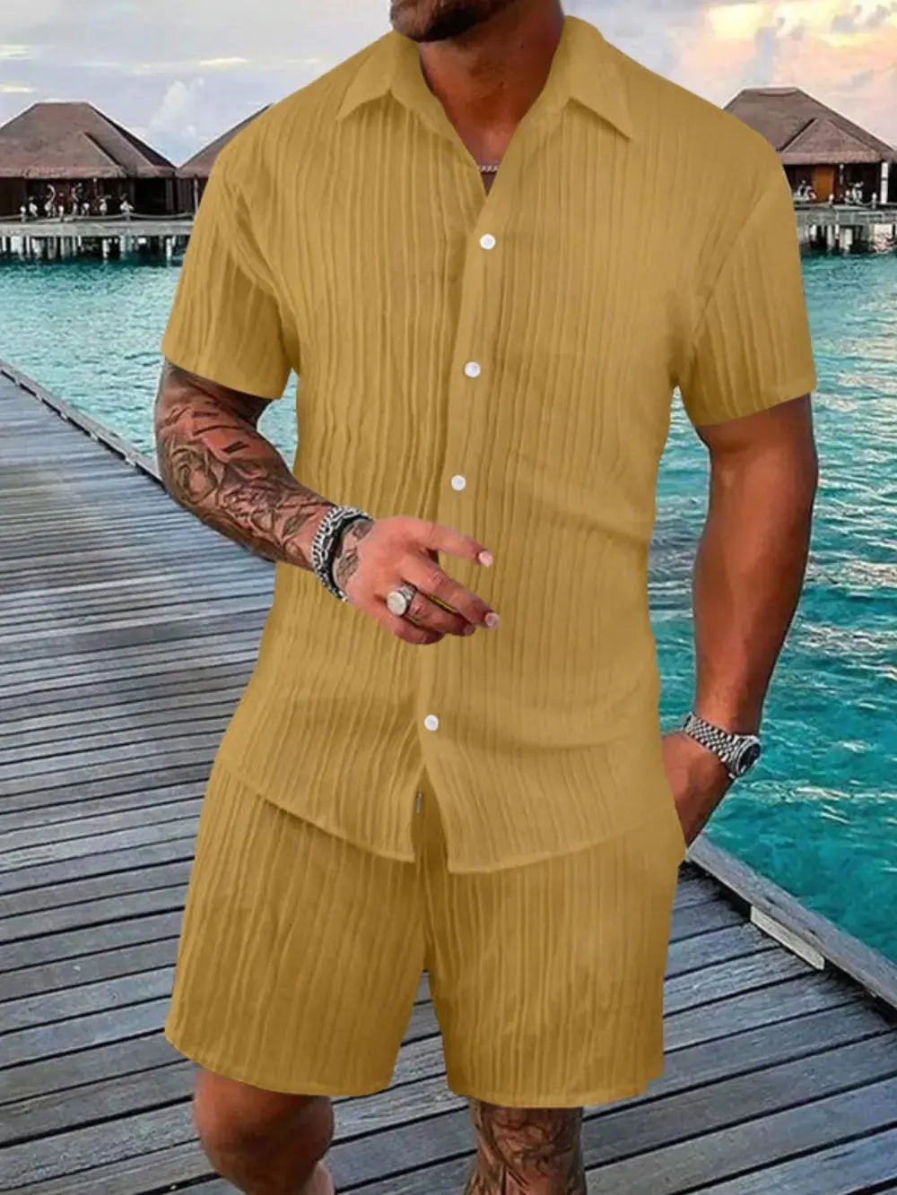 Men's Full Size Button Down Short Sleeve Shirt and Shorts Set Plus Size by Trendsi