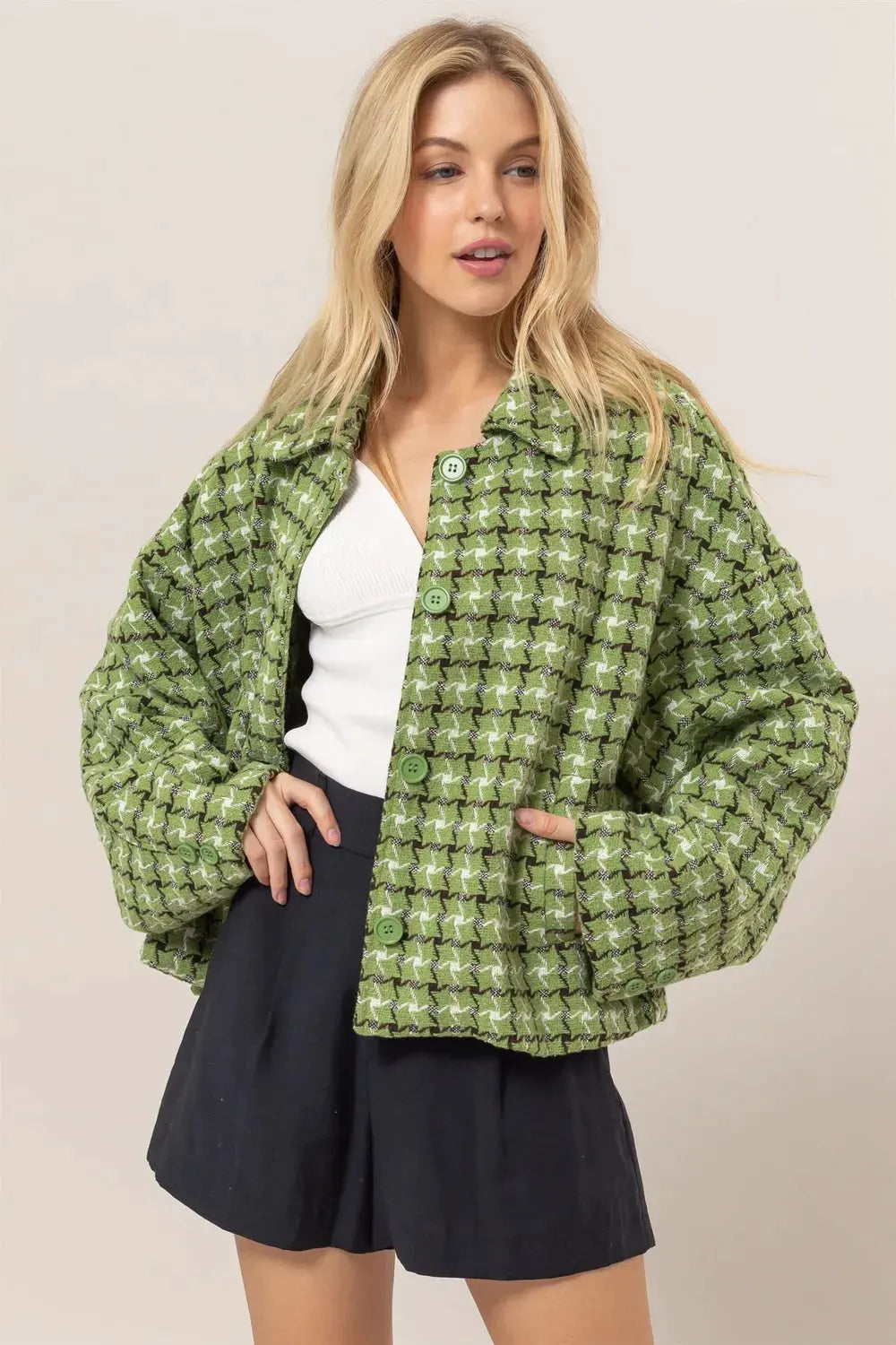 HYFVE Tweed Plaid Button Up Collared Neck Jacket by HYFVE
