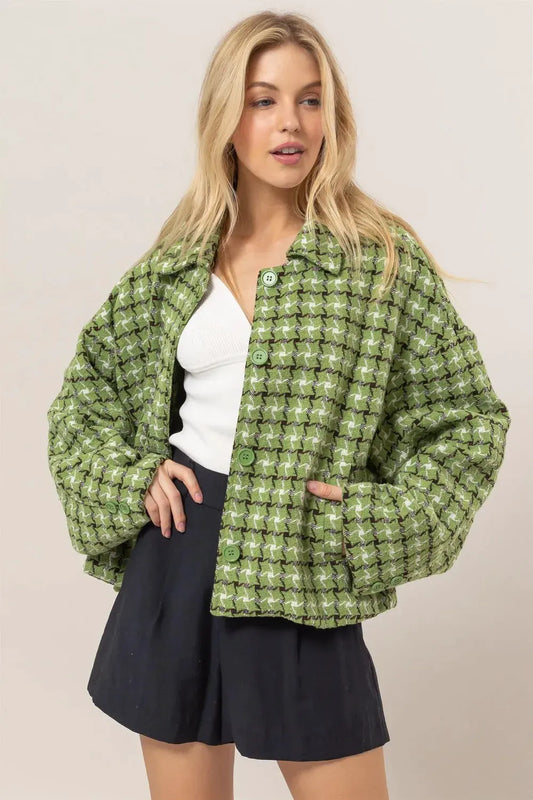 HYFVE Tweed Plaid Button Up Collared Neck Jacket by HYFVE