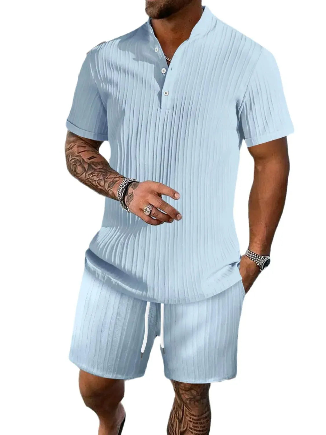 Men's Full Size Button Detail Short Sleeve Top and Shorts Set Plus Size by Trendsi