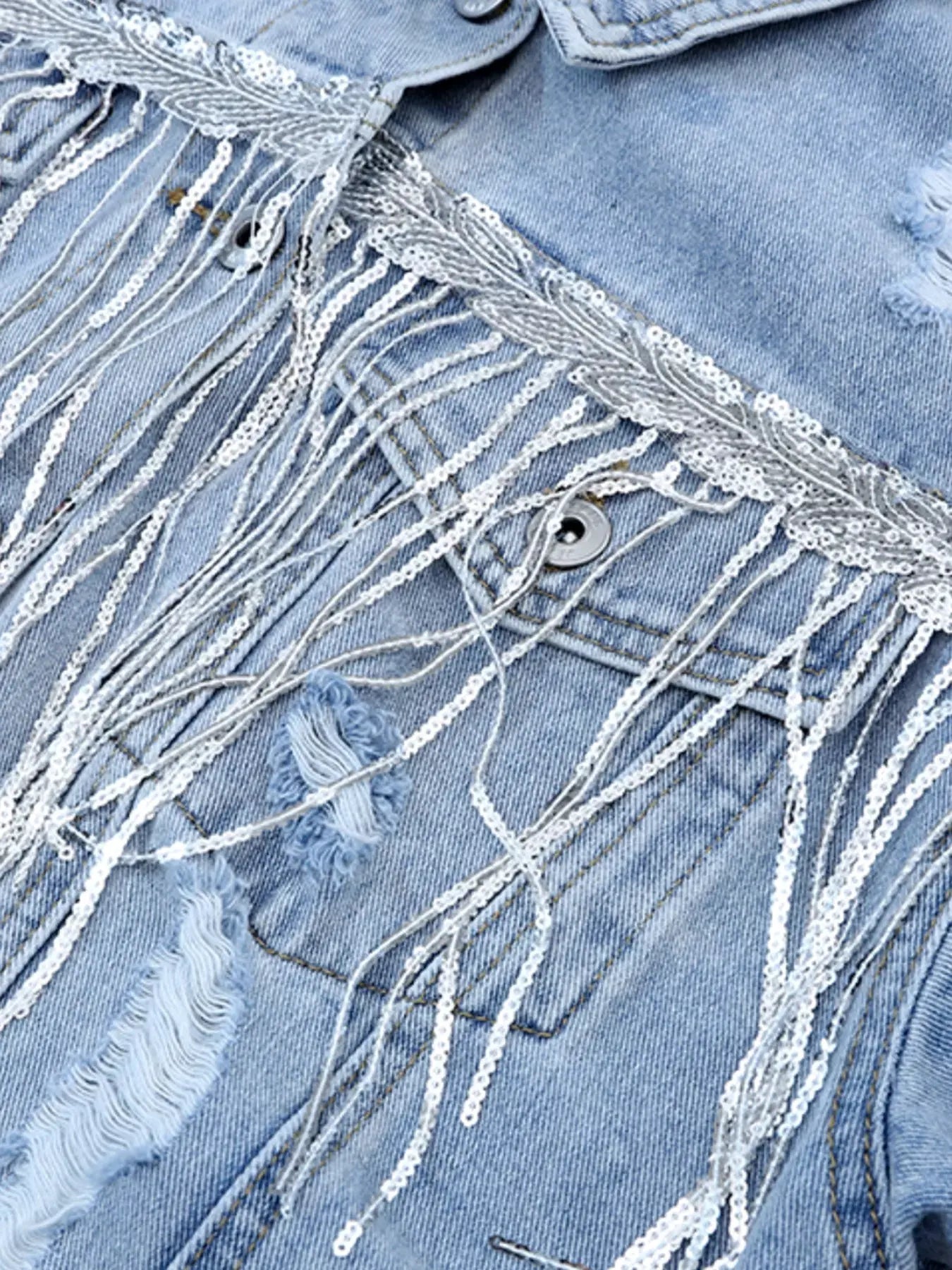 Fringed Sequin Embellished Denim Jacket by Partner Label