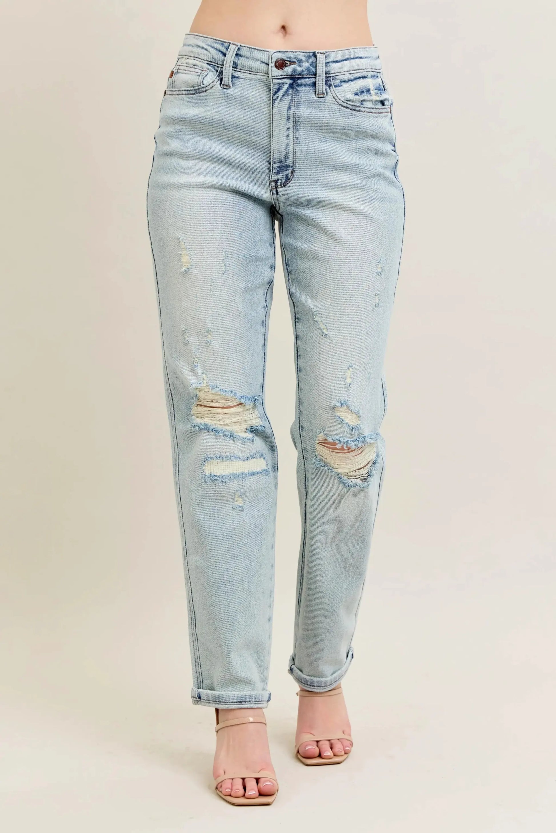 Judy Blue Full Size Mr Repair Stitch Detail Destroy Single Cuff Bf Jeans Plus Size by Judy Blue