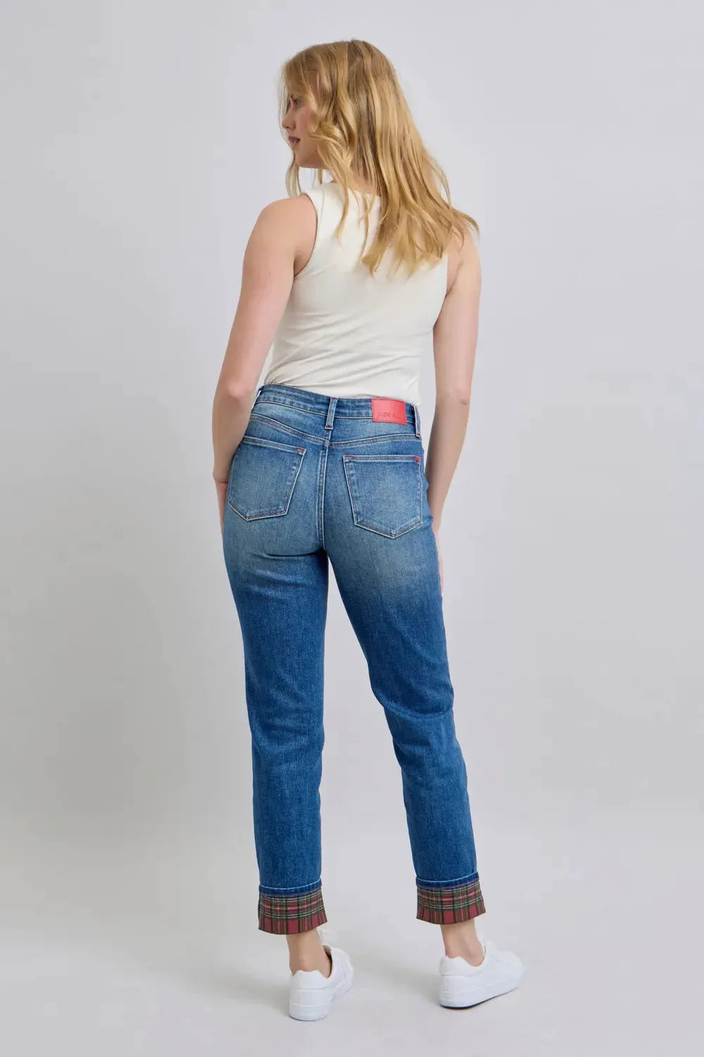 Judy Blue Full Size Plaid Print Cuff Straight Leg Jeans with Pockets by Judy Blue
