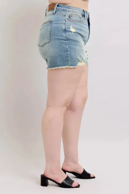 Judy Blue Plus Size High Rise Washed Fly Stitch Detail and Destroy Denim Shorts by Judy Blue