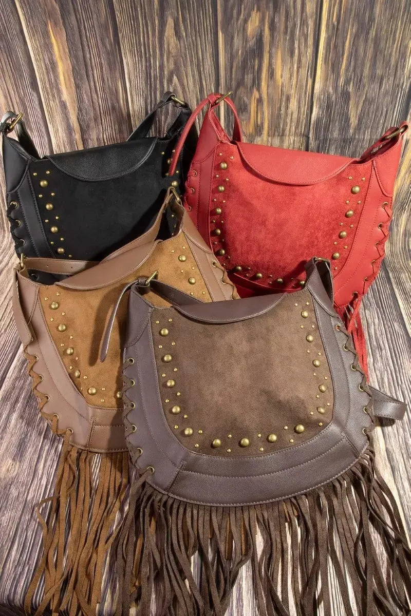 Fame Rivet Trim Suede Fringe Shoulder Bag by Fame