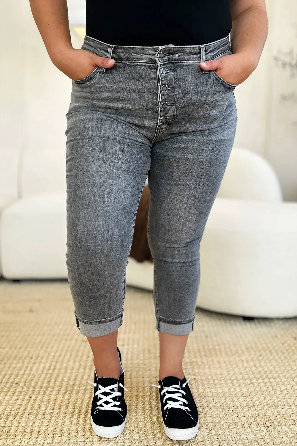 Judy Blue Full Size Button Fly High Waist Cuffed Capris by Judy Blue