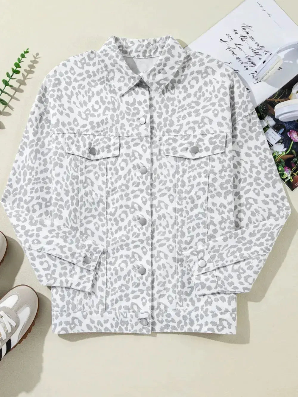 Leopard Button Up Long Sleeve Denim Jacket by Partner Label