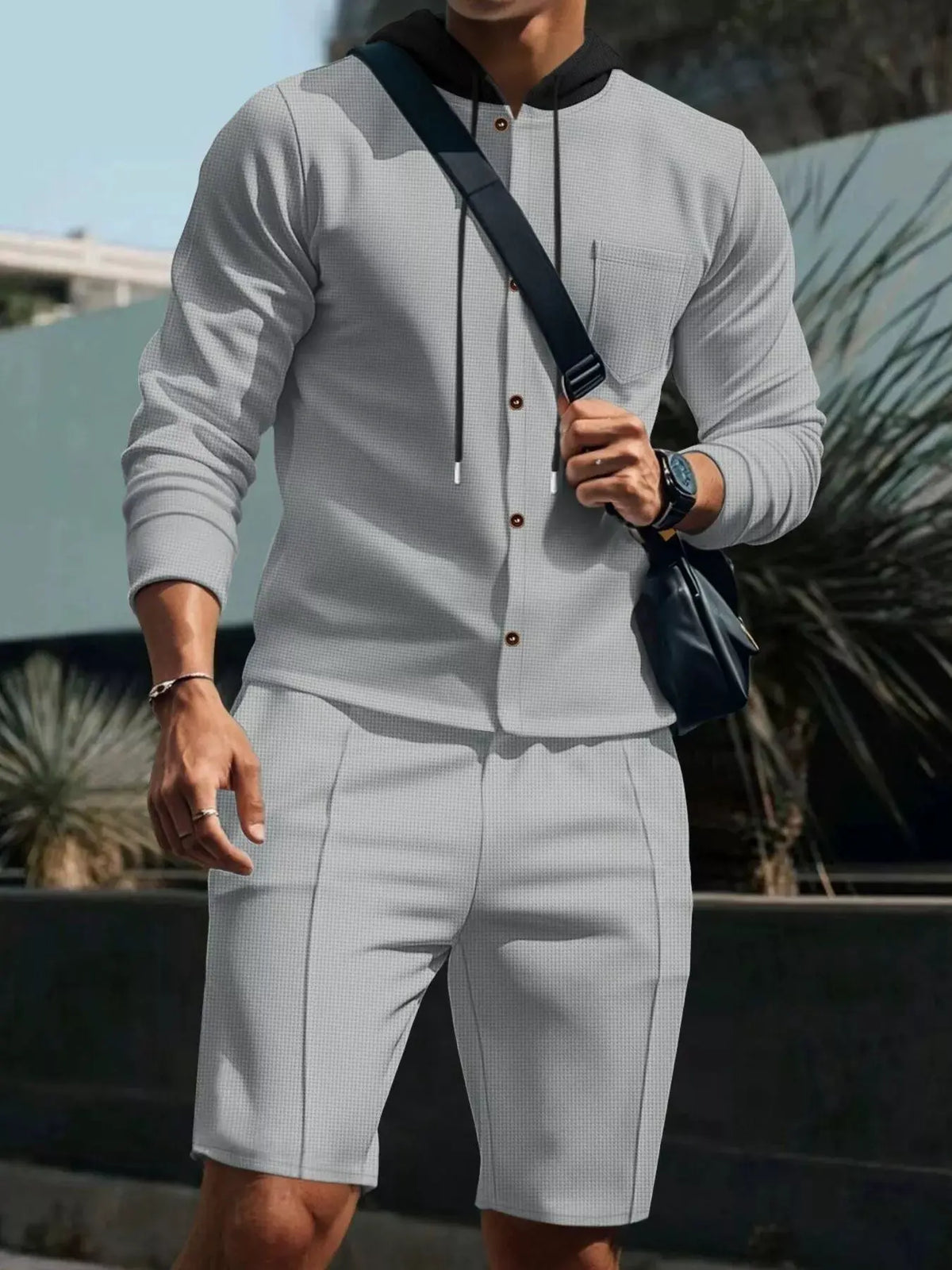 Men's Full Size Casual Hooded Button-Up Top and Shorts Set Plus Size by Trendsi