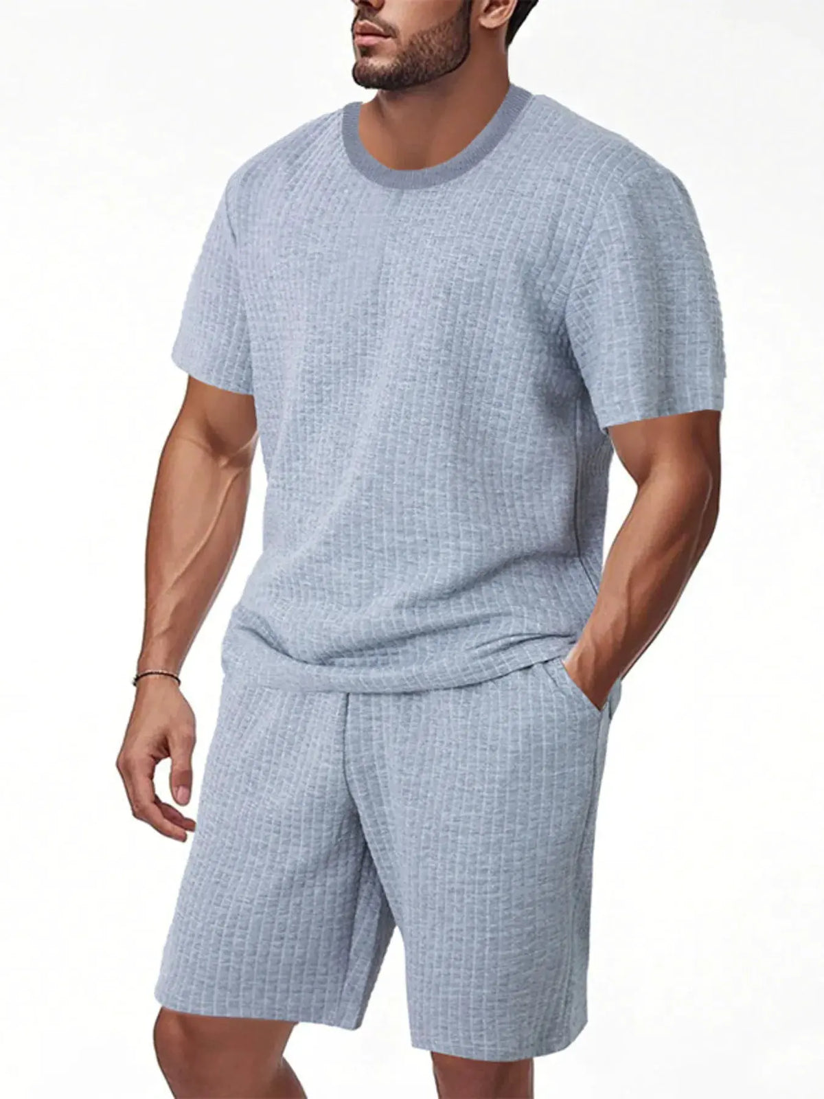 Men's Full Size Textured Round Neck Top and Shorts Set Plus SIze by Trendsi