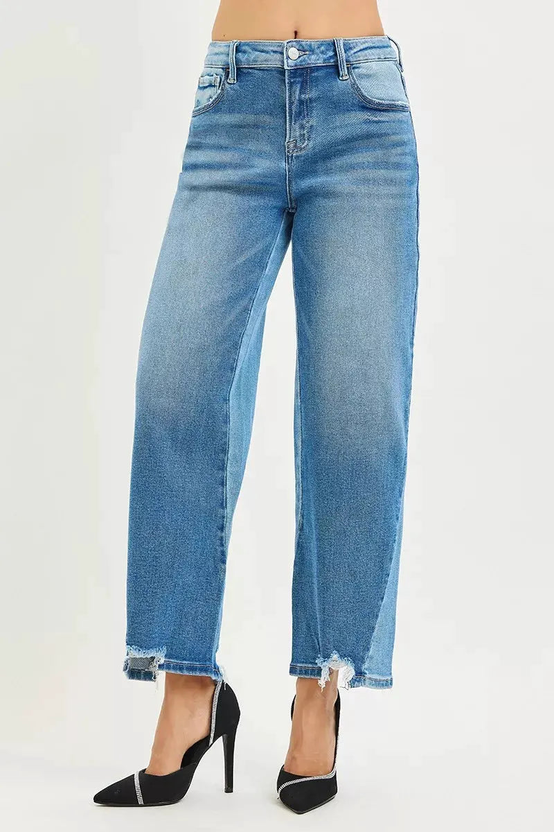 RISEN Full Size Slouchy Cropped Barrel Jeans with Contrast Wash Plus Size by RISEN