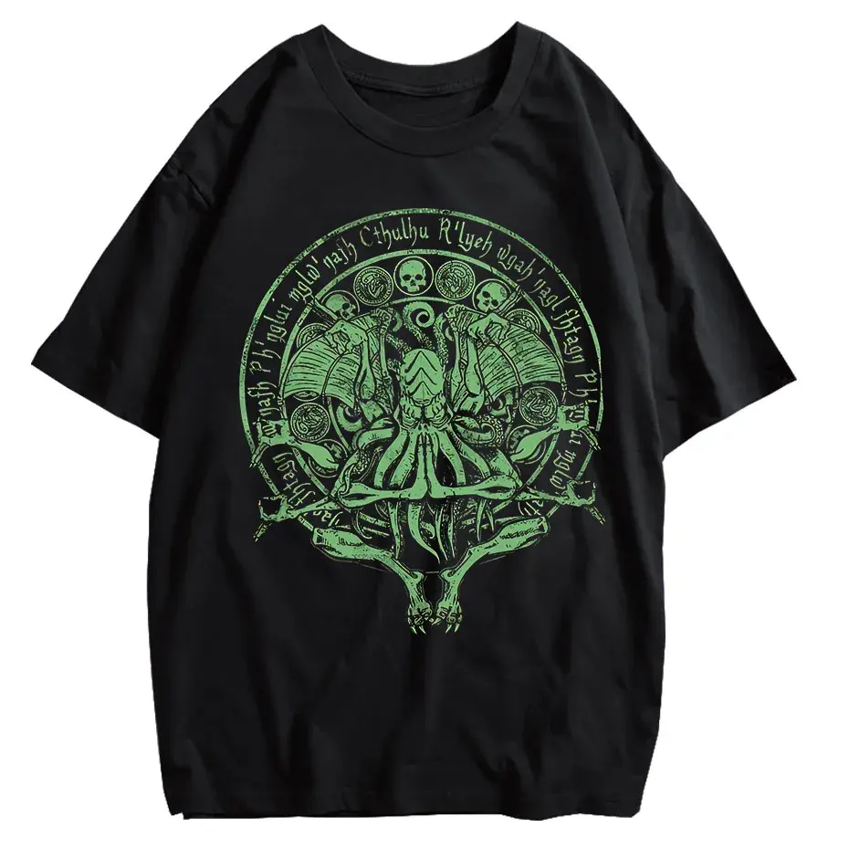 Vintage Green Cthulhu T-Shirt Men Oversized Streetwear Tee by Vimost Shop