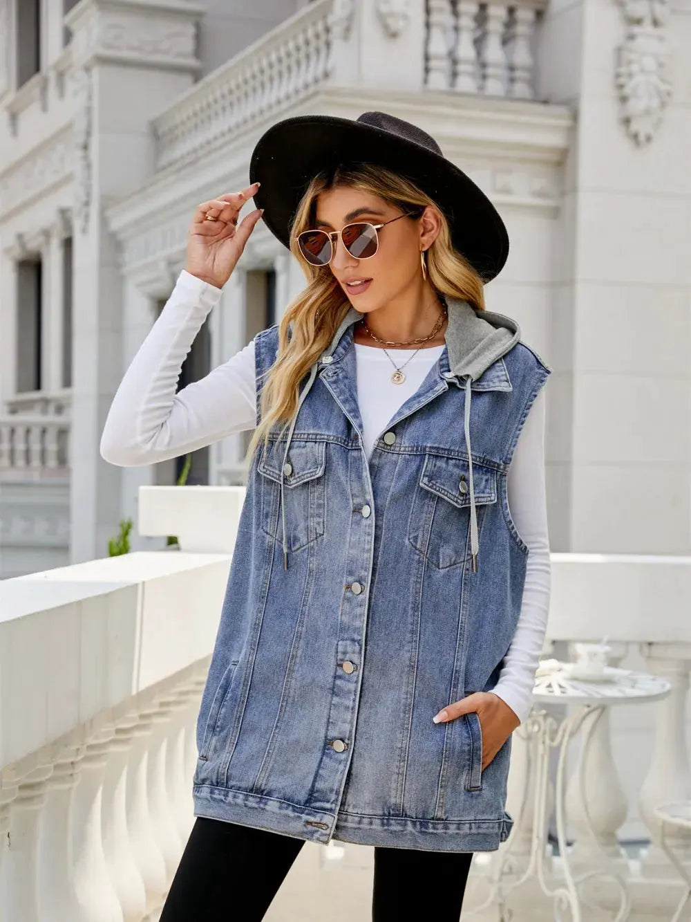 Drawstring Pocketed Button Up Sleeveless Denim Jacket by Partner Label