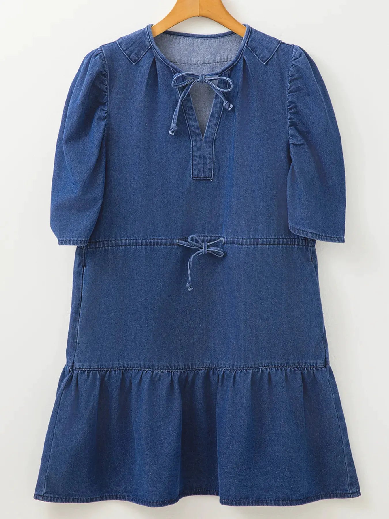 Drawstring High Waist Puff Sleeve Denim Mini Dress by Partner Label
