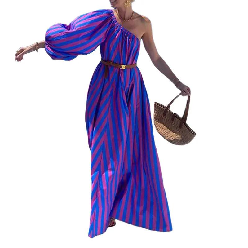 Fashion Personalized Oblique Shoulder Boho Striped Women's Mid-length Dress by Anybestbuy Store