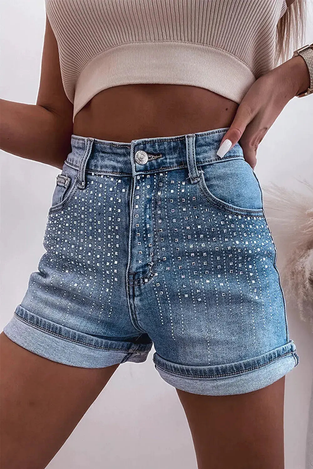 Rhinestone High Waist Denim Shorts by Partner Label