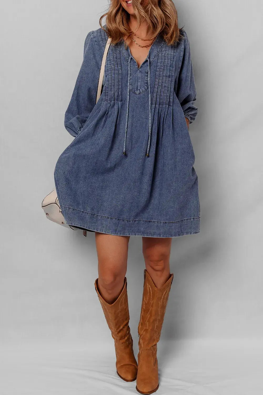 Tie Neck Long Sleeve Mini Denim Dress by Partner Label