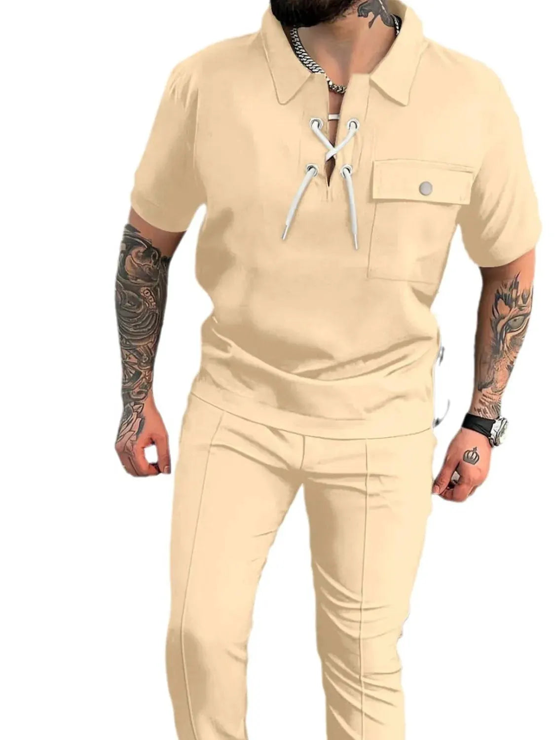 Men's Full Size Lace Up Short Sleeve Top and Pants Plus Size by Trendsi