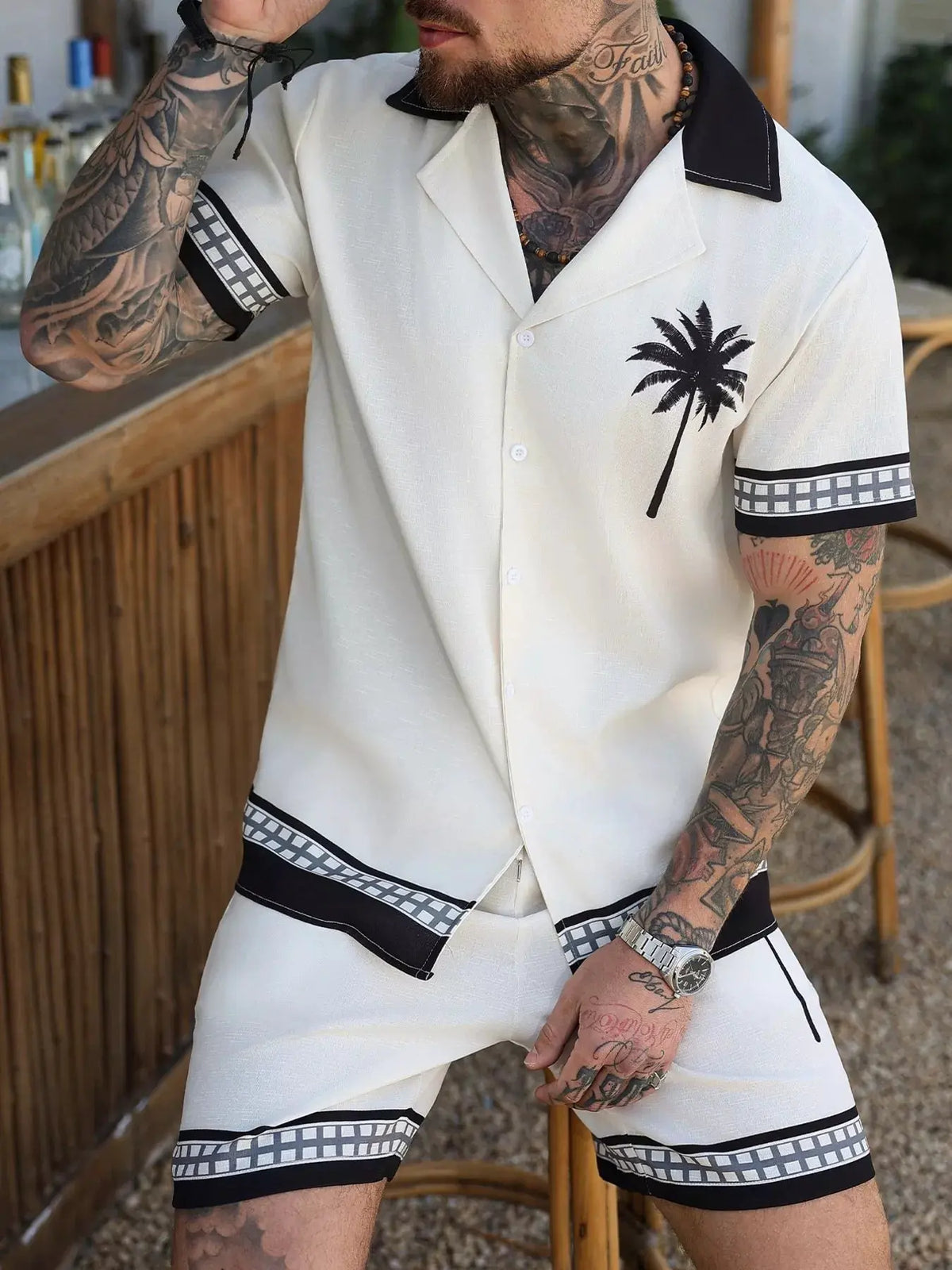 Men's Tropical Palm Tree Print Short Sleeve Shirt and Shorts Set by Trendsi