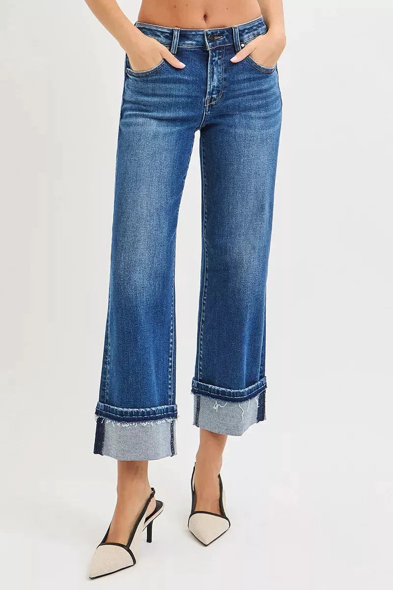 RISEN Mid Rise Ankle Straight Jeans with Cuffed Hem by RISEN