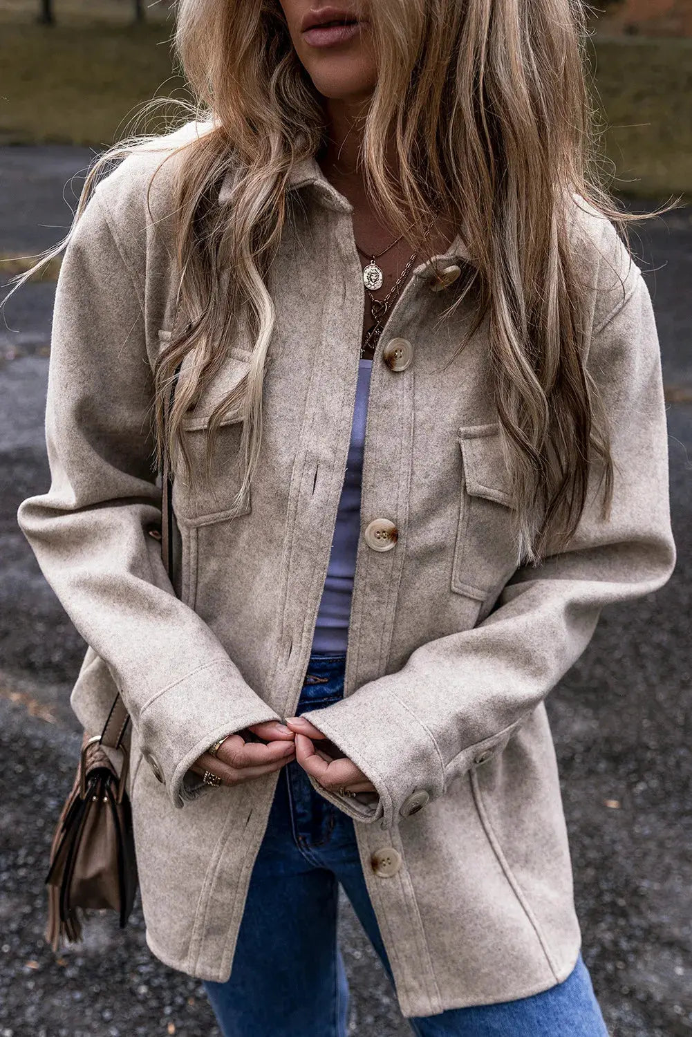 Button Up Collared Neck Long Sleeve Jacket by Partner Label