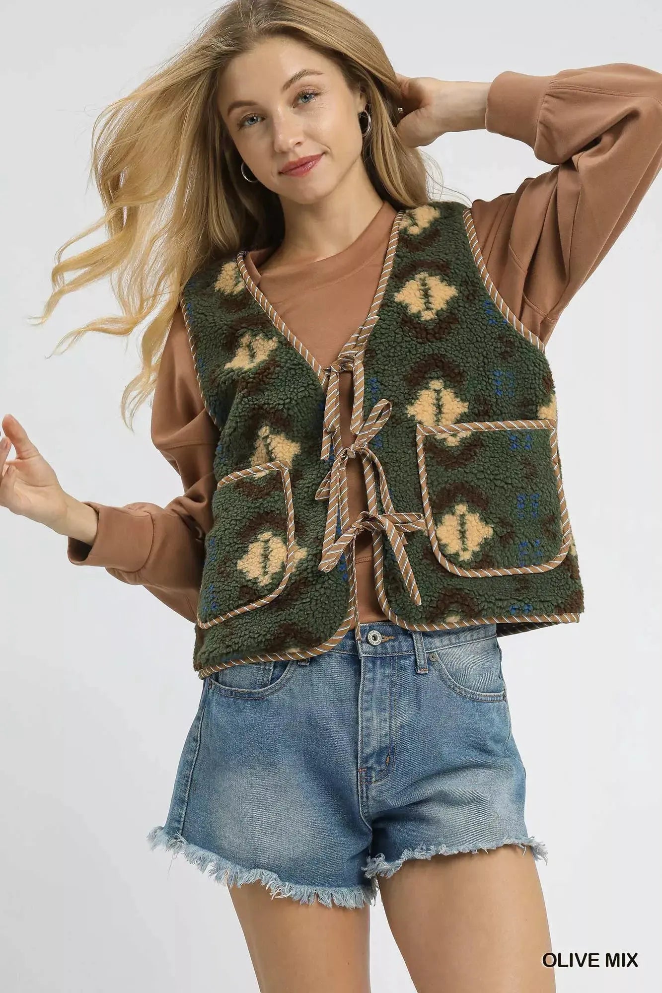 Umgee Mix Patterned Sherpa Tie-Front Vest by Umgee