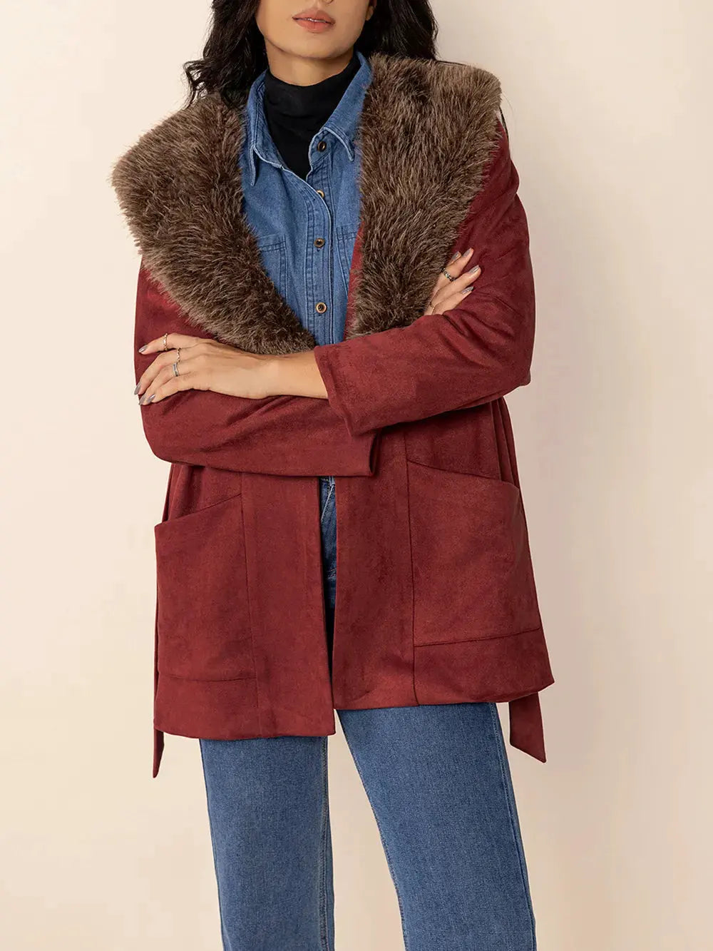 Fuzzy Collared Neck Tie Waist Jacket by Partner Label