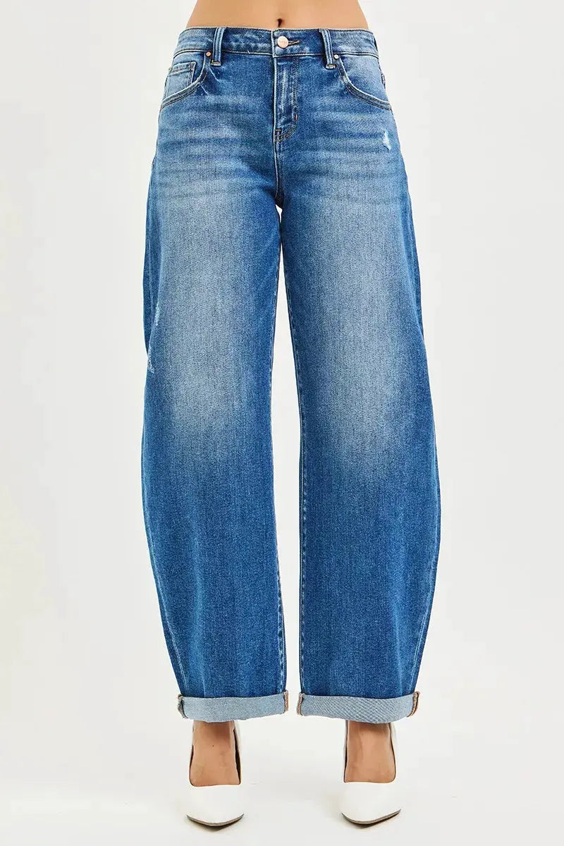 RISEN Full Size Mid Rise Barrel Double Roll Up Jeans Plus Size by RISEN